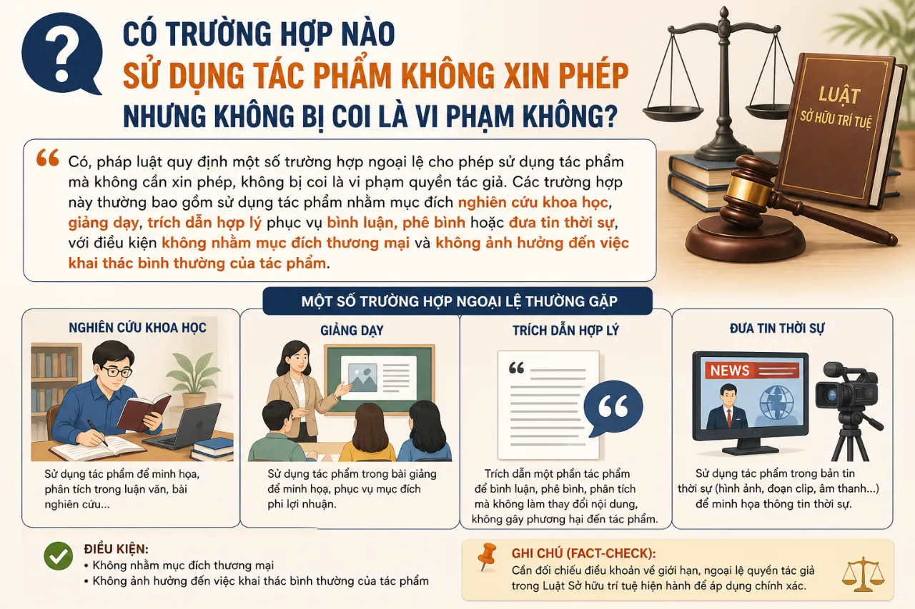 Có Trường Hợp Nào Sử Dụng Tác Phẩm Không Xin Phép Nhưng Không Bị Coi Là Vi Phạm Không?