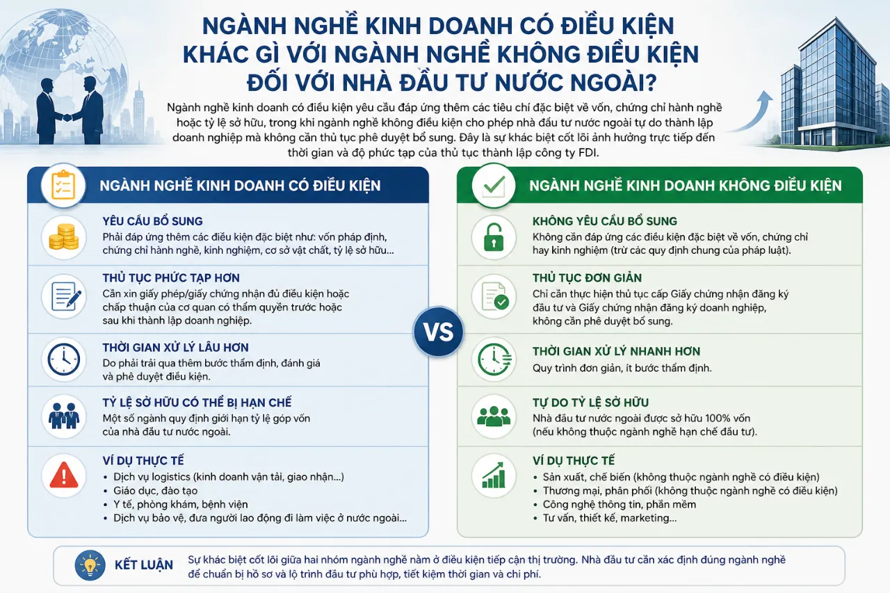 Ngành Nghề Kinh Doanh Có Điều Kiện Khác Gì Với Ngành Nghề Không Điều Kiện Đối Với Nhà Đầu Tư Nước Ngoài?