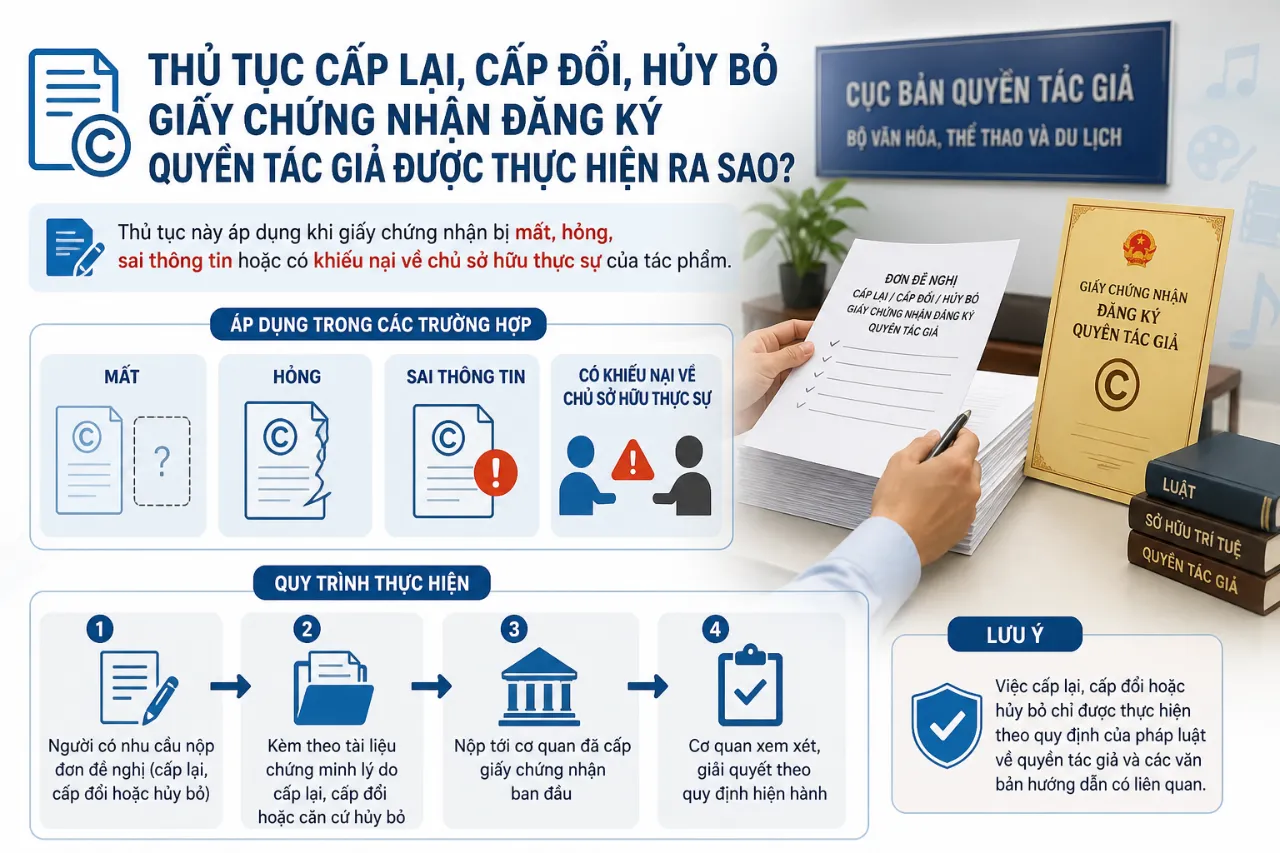 Thủ Tục Cấp Lại, Cấp Đổi, Hủy Bỏ Giấy Chứng Nhận Đăng Ký Quyền Tác Giả Được Thực Hiện Ra Sao?