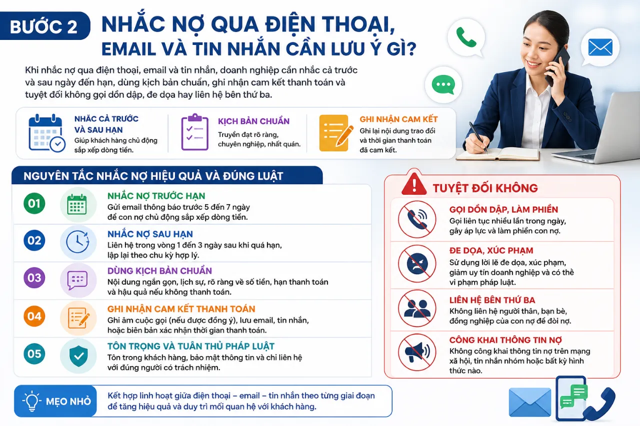 Bước 2 – nhắc nợ qua điện thoại, email và tin nhắn cần lưu ý gì?