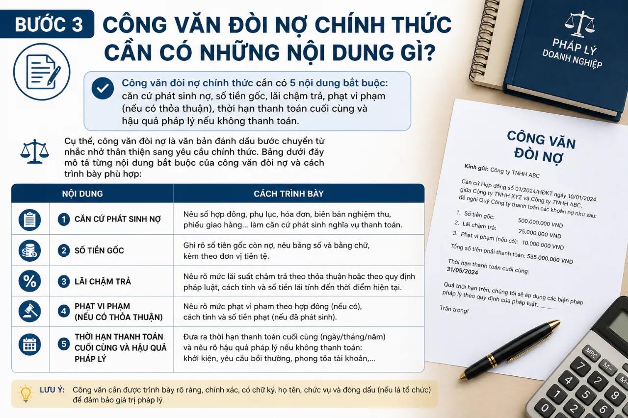 Bước 3 – công văn đòi nợ chính thức cần có những nội dung gì?